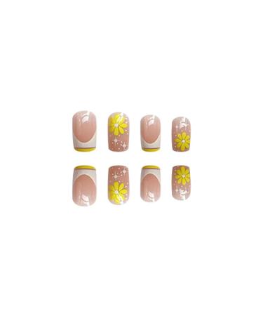 24Pcs Medium Square French Tip Yellow Flower Star Press on Nails | Acrylic False Nails for Women - Glossy Full Cover Design - Buy Online on GoSupps.com