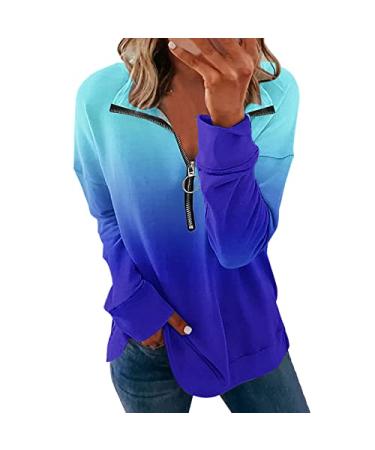 Womens Fall Fashion 2022 Tops Casual Crewneck Sweatshirt Zipper Long Sleeve Loose Pullover Shirts Dressy E-blue XX-Large