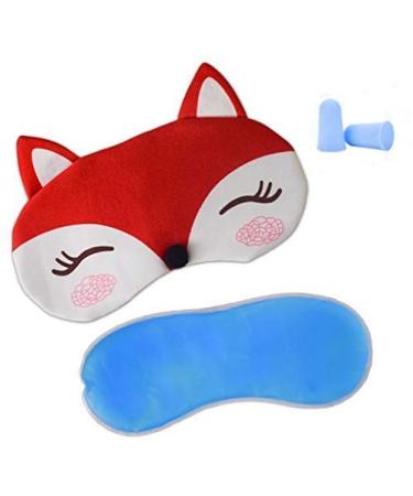 Plush Fox Sleeping Eye Mask with Ice Bag & 2 Earplugs KXF Adjustable Strap Eye Cover Funny Blindfold Eye Shade for Travel/Nap/Meditation Red
