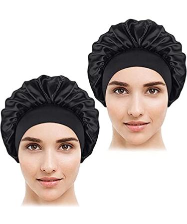 Satin Bonnet,2Pcs Bonnet for Black Women,Silky Hair Bonnet Sleep Cap,Breathable Bonnet Cap for Night Sleep,Braid Bonnet for Women Girls Hair Care(Black+Black)