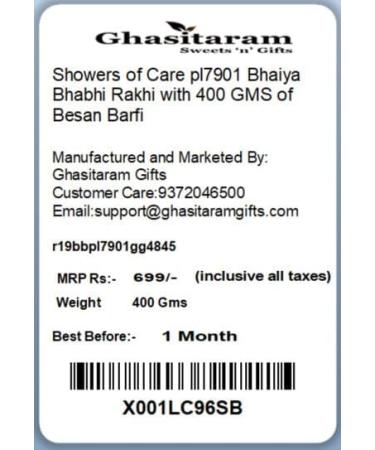 Ghasitaram Gifts Rakhis Online - Rakhi for Brother- Showers of Care pl7901 Bhaiya Bhabhi Rakhi with 400 GMS of Besan Barfi Rakhi Set with 400 gms of Besan Barfi - Buy Online on GoSupps.com