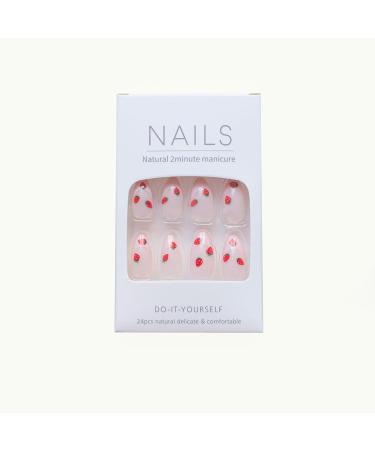 24Pcs Pink French Tip Press-On Nails - Cute Strawberry Short Almond Fake Nails for Women & Girls | Full Cover Nude Pink Acrylic Spring Manicure - Buy Online on GoSupps.com