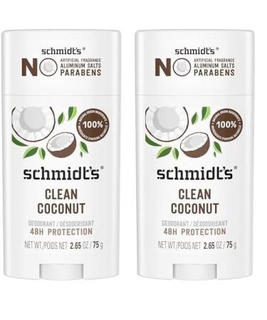 Schmidt's Aluminum-Free Vegan Deodorant Clean Coconut for Women and Men with 24 Hour Odor Protection Natural Ingredients Cruelty-Free 2.65 oz (Pack of 2) 2.65 Ounce (Pack of 2)