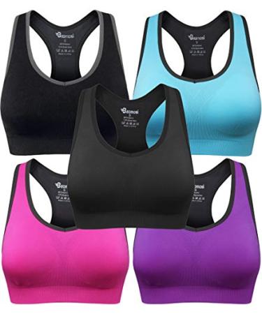 BAOMOSI Women's Seamless Racerback Sports Bra High Impact Support Yoga Gym Workout Fitness 5 Pcs (Black,blue,grey,purple,rose Red) Large