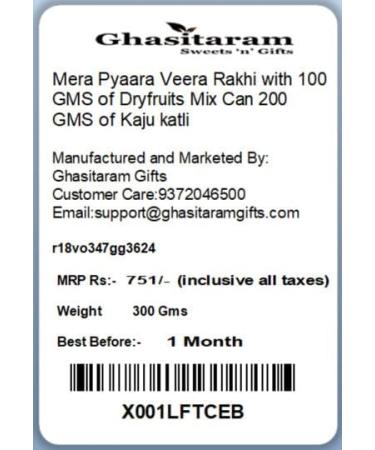 Ghasitaram Gifts Rakhi for Brother Rakhis Online - Mera Pyaara Veera Rakhi with 100 GMS of Dryfruits Mix Can 200 GMS of Kaju katli Rakhi & 100g Dryfruits Mix Can 200g Kaju katli - Buy Online on GoSupps.com
