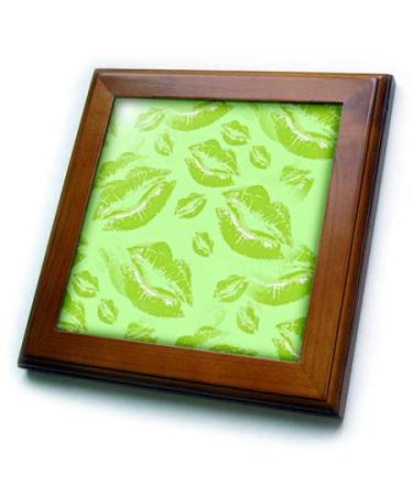 3dRose 8x8 Framed Tile - Two Kisses Collided Lip Smacking Lime Colored Lips Pattern Pattern - Lipstick Kisses