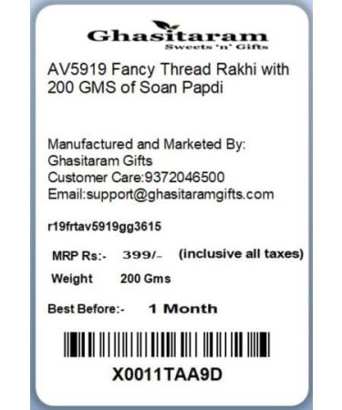 Ghasitaram Gifts Rakhi for Brother Rakhis Online - AV5919 Fancy Thread Rakhi with 200 GMS of Soan Papdi - Buy Online on GoSupps.com