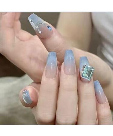 24Pcs/Set Press On Nails Summer Ice Through Blue French Freshing Blue Diamond Long False Nails Acrylic Fake Nails Full Cover Nails Tips Artificial Finger Manicure Press on nails for Women and Girls
