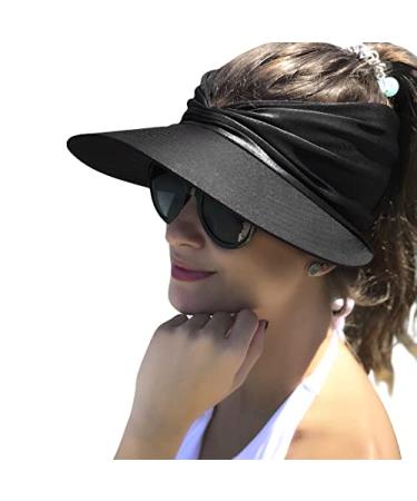 Sun Visor Hat for Women Summer Beach Hats Foldable Wide Brim Ponytail Packable Vocation Sun Shade UV Protection Hat Black