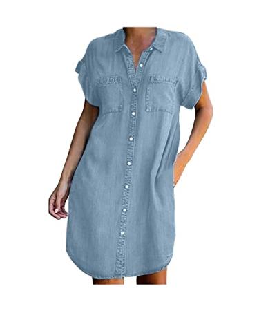 Denim Dress for Women Short Sleeve Loose Jean Midi Dress Button Down Shirt Dresses Casual Shift Tunic Dress Tops Large 01-light Blue