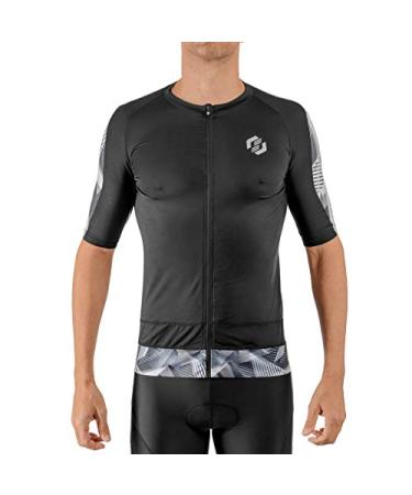 SLS3 Tri Top Men Short Sleeve | Triathlon Tops Mens Aero Cycle Jersey | Singlet | Shirts | Ideal for Longer Distances Black/Gray Geo Large