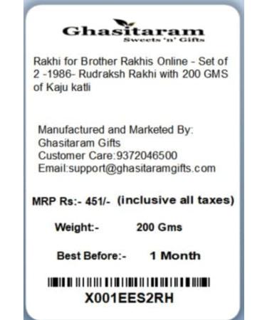 Ghasitaram Gifts Rakhi for Brother Rakhis Online - Set of 2-1986- Rudraksh Rakhi with 200 GMS of Kaju katli - Buy Online on GoSupps.com