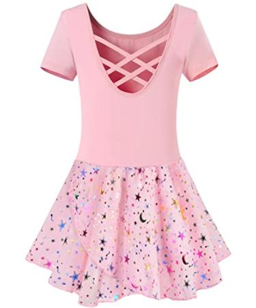 WYHDY Girls Ballet Leotards for Dance Hollow Crisscross Back Short Sleeve Shiny Skirt 6-7 Years A-pink Rainbow