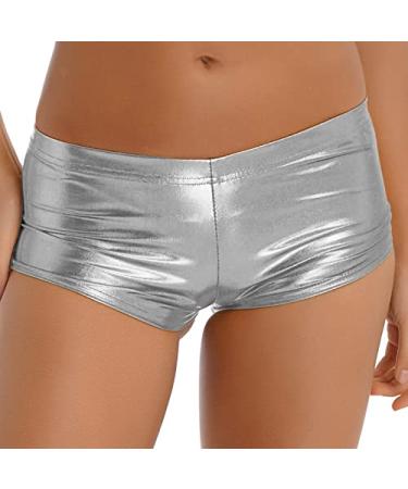 Linjinx Women's PVC Shiny Booty Dance Shorts Low Rise Festival Bottoms Mini Cheeky Hot Pants Silver X-Large