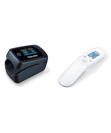 Beurer FT 85 Contactless digital infrared thermometer fast fever thermometer for hygienic measurement of body temperature on the forehead & Po 45 pulseximeter measurement of spo2 pulse and PI without app networking bundle with pulse oximeter