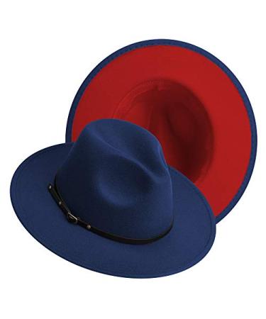 Wide Brim Fedora Hats for Women and Men Classic Felt Panama Hat Men's Two Tone Dress Hat with Belt Buckle Outer Navy Inner Red Medium