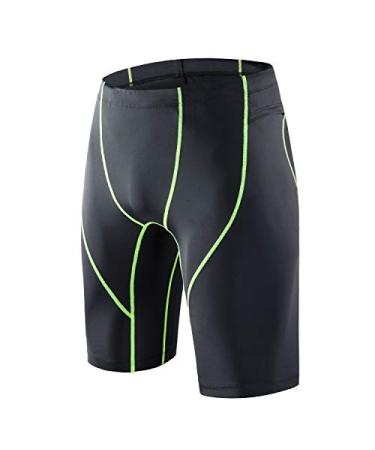 beroy Mens Compression Shorts Training Athletics Workout Tight Sports Base Layer with One Pocket Green Line Black Shorts Medium