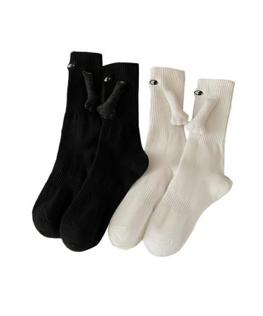 Hand in Hand Socks Couple Holding Magnetic Socks Funny 3D Design Three-dimensional Mid-tube Socks (onesize Black+White)