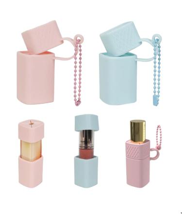 2 pcs Silicone Lip Balm Holder Lipstick Cases Keychain Chapstick Case Holder Lip Balm Sleeves Pouch Portable Silicone Lip Gloss with Ball Bead Chain (2 pcs Pink01 + Blue02)