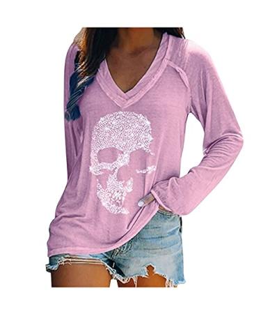 Halloween Sweatshirt for Women V Neck Long Sleeve T Shirts Fashion 2022 Skeleton Print Tops Hot Drill Fit Blouse Medium Purple