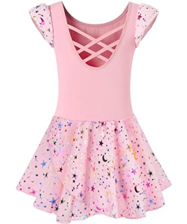 DANSHOW Ballet Leotards for Girls Dance Skirted Leotard Kids Ballet Tutu Dress Toddler Shiny Ruffle Sleeve Dancewear 4-5T Pink Rainbow