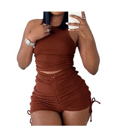 Summer Two Piece Outfits for Women, Casual Stretchy Ribbed Tank Crop Top Drawstring Ruched Shorts Set Workout Tracksuits Brown Large