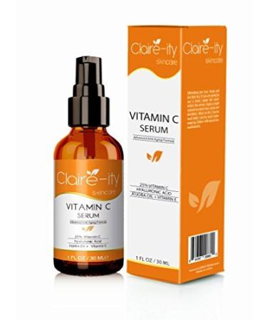 Claire-ity 25% Vitamin C Serum with Hyaluronic Acid and Vitamin E  Organic Topical Anti-Aging Moisturizing Facial Serum for Face  Neck & D collet (1 fl. oz) 25% Vitamin C Serum 1 Fl Oz (Pack of 1)