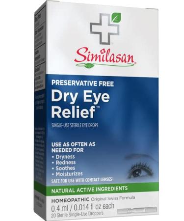 Similasan Dry Eye Relief Eye Drops .014 Ounce Single-Use Droppers, 20 Count, Preservative Free, for Temporary Relief from Dry or Red Eyes 20 Count (Pack of 1)