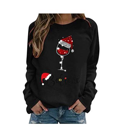 Kiasebu Fall Sweatshirts for Women, Womens Long Sleeve Tops Dressy Casual Wine Bottle Print Christmas Shirts Pullover Sweater XX-Large Black