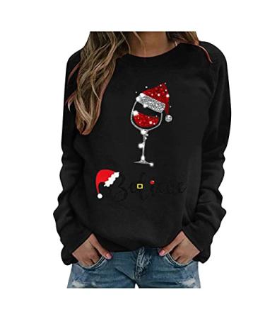 Kiasebu Fall Sweatshirts for Women, Womens Long Sleeve Tops Dressy Casual Wine Bottle Print Christmas Shirts Pullover Sweater XX-Large Black