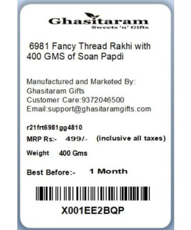 Ghasitaram Gifts Rakhi for Brother Rakhis Online - 6981 Fancy Thread Rakhi with 400 GMS of Soan Papdi - Buy Online on GoSupps.com