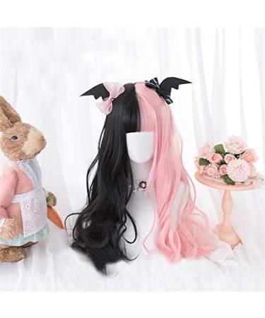 Lolita Wig 60CM Long Wavy Black Mixed Pink Ombre Bangs Cute Heat Resistant Synthetic Hair Wigs + Wig Cap