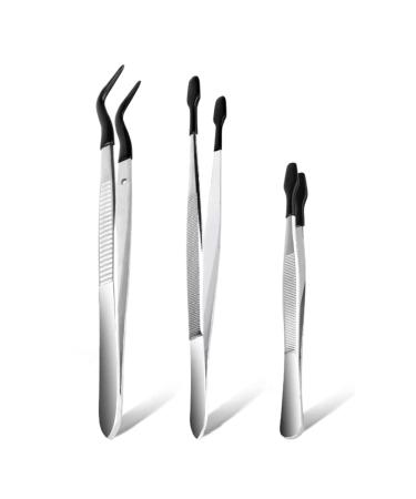 TAMOSH 3 Pack Non-Marring Tweezers with Silicone Tip Rubber Tweezers with Curved Tip Flat Tweezers Laboratory Tweezers