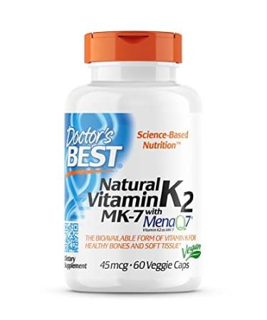 Doctor's Best Natural Vitamin K2 MK-7 with MenaQ-7 45mcg 60 Vegan Capsules Lab Tested Gluten Free SOYA Free Vegetarian