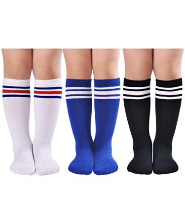 LO SHOKIM Toddler Knee High Socks Kids Soccer Socks Girls Three Stripes Over the Calf School Uniform Stockings Athletic Boys 3pairs-black+blue+white&blue Red 5-7 Years
