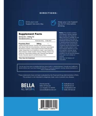 Bella Liver Detox Tea - Natural Liver Cleanse & Repair with Blessed Thistle, Artichoke & Dandelion Root - 30 Bags - Buy Online on GoSupps.com
