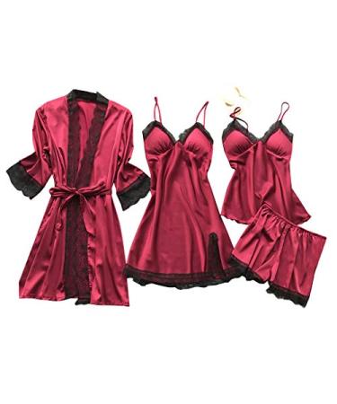 Silk Pajama Set for Women 4pcs Pajamas Sets Cami Top Shorts Sets Nightgown Sleepwear Robe Sets Sexy Cute Stain Pjs P06-red-satin Pajamas X-Large