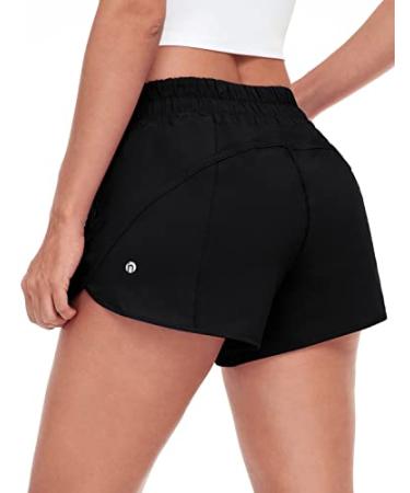 HeyNuts Stride Running Shorts for Women, Mid Waisted Athletic Shorts with Side Pocket Workout Shorts with Liner 4'' Medium Black