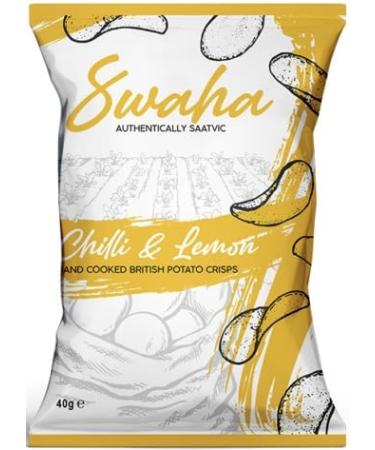 Swaha Crisps Chilli & Lemon 24 Packs X 40g - Pure Saatvic - Traditional Hand-Cooked Crisps from UK - All-Natural Gluten-Free Snack - 100% British Potatoes - Onion & Garlic Free Lemon 1 count (Pack of 24)