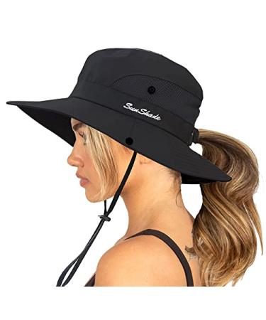 Womens Summer Sun-Hat Outdoor UV Protection Fishing Hat Wide Brim Foldable-Beach-Bucket-Hat with Ponytail-Hole Black