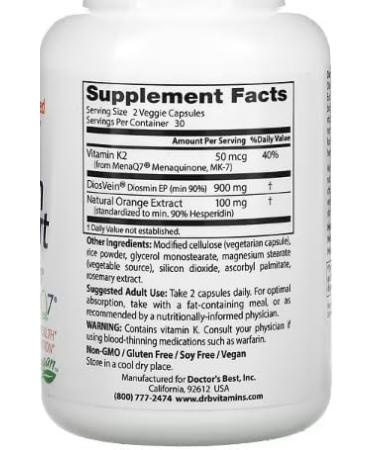 Doctor's Best Vein Support with DiosVein and MenaQ7-60 Vegetable Capsules - Optimal Vascular and Circulatory Health - Buy Online on GoSupps.com