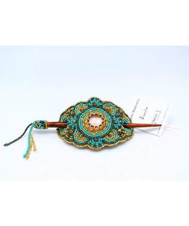 Beaded Turquoise Hair Barrette with Wood Stick - Handcrafted Hair Accessory - Buy Online on GoSupps.com