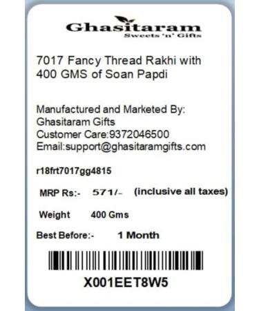 Ghasitaram Gifts Rakhi for Brother Rakhis Online-7017 Fancy Thread Rakhi with 400 GMS of Soan Papdi - Buy Online on GoSupps.com