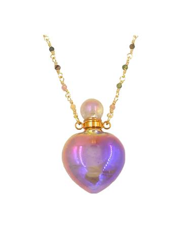 ANGEL AURA Healing Heart-Shaped PERFUME BOTTLE Necklace with 14k Gold Plated Tourmaline Chain - Fill with Perfume Essential Oils + Magical Oils