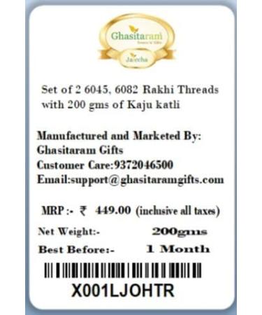 Ghasitaram Gifts Rakhi for Brother Rakhis Online - Set of 2 6045 6082 Rakhi Threads with 200 GMS of Kaju katli - Buy Online on GoSupps.com