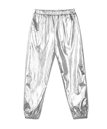 Manyakai Kids Girls Boys Shiny Metallic Dance Harem Pants Athletic Leggings Hip Hop Street Dancewear Silver 10 Years
