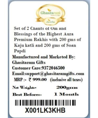 Ghasitaram Gifts Rakhi for Brother Rakhis Online - Set of 2 Chants of Om and Blessings of The Highest Aura Premium Rakhis with 200 GMS of Kaju katli and 200 GMS of Soan Papdi - Buy Online on GoSupps.com