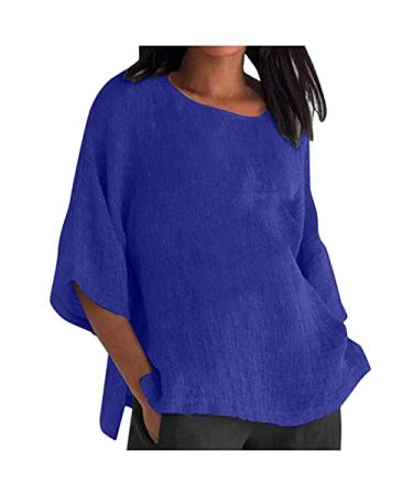 Oversized Cotton Linen Shirts for Women 2023 Summer Casual Half Sleeve Crewneck Tunic Tops Loose Comfy Side Slit Basic Blouse Dark Blue Large