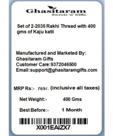 Ghasitaram Gifts Rakhi for Brother Rakhis Online - Set of 2-2035 Rakhi Thread with 400 GMS of Kaju katli Set of 2 Rakhis with 400 gms of Kaju katli - Buy Online on GoSupps.com