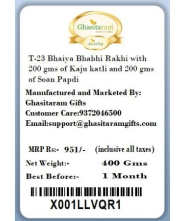 Ghasitaram Gifts Rakhis Online - Rakhi for Brother-T-23 Bhaiya Bhabhi Rakhi with 200 GMS of Kaju katli and 200 GMS of Soan Papdi Rakhi Set with 200 gms of Kaju katli & Soan Papdi - Buy Online on GoSupps.com